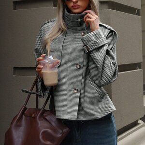 Black And White Casual Women's Loose Houndstooth Patterned Jacket